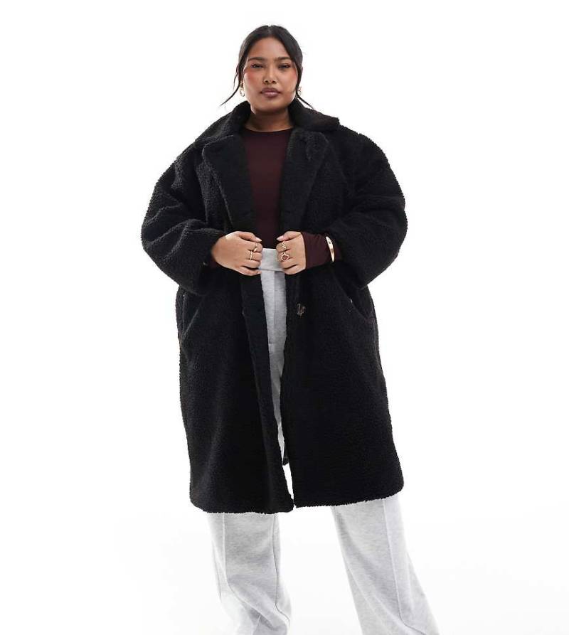 DTT Plus - Zweireihige Jacke aus Teddyfell in Schwarz von Don't Think Twice