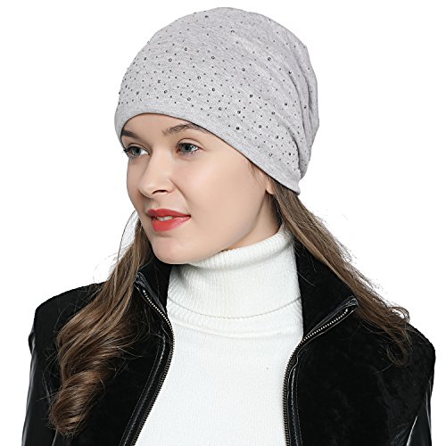 DonDon Damen Mütze Wintermütze Slouch Beanie Silberne Pailletten Nieten hellgrau von DonDon