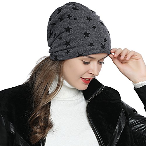 DonDon Mütze Damen Wintermütze Slouch Beanie gefüttert mit Stern Print dunkelgrau von DonDon