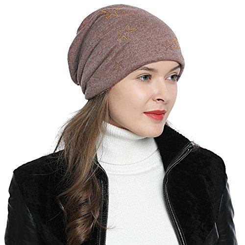 DonDon Mütze Damen Wintermütze Slouch Beanie gefüttert mit Stern Glitzersteinen Gold - Hellbraun von DonDon