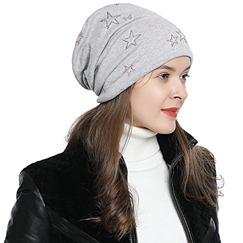 DonDon Mütze Damen Wintermütze Slouch Beanie gefüttert mit Stern Glitzersteinen Silber rosa - hellgrau von DonDon