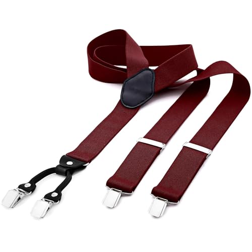 DonDon Hosenträger Herren breit 3,5 cm mit 4 Hosenträger Clips extra stark in Y-Form – elastisch und längenverstellbar, Bordeaux Dunkelrot von DonDon