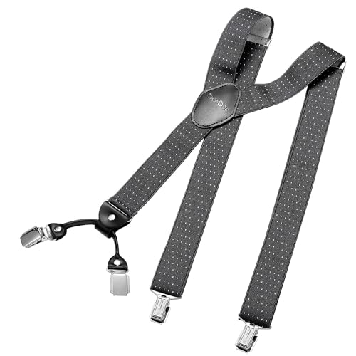 DonDon Hosenträger Herren breit 3,5 cm mit 4 Hosenträger Clips extra stark in Y-Form – elastisch und längenverstellbar, Gepunktet-Grau Weiß von DonDon