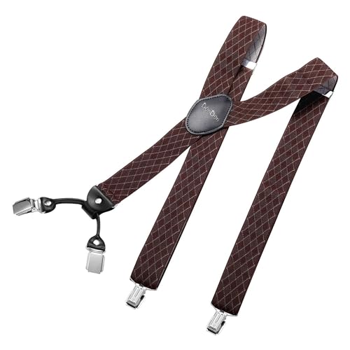 DonDon Hosenträger Herren breit 3,5 cm mit 4 Hosenträger Clips extra stark in Y-Form – elastisch und längenverstellbar, Raute Braun von DonDon