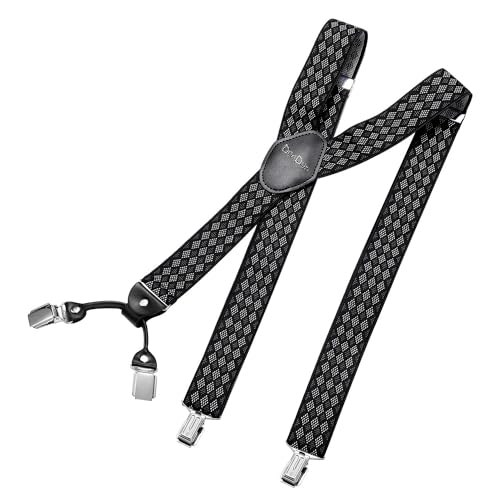 DonDon Hosenträger Herren breit 3,5 cm mit 4 Hosenträger Clips extra stark in Y-Form – elastisch und längenverstellbar, Rauten-Schwarz Grau Weiß von DonDon