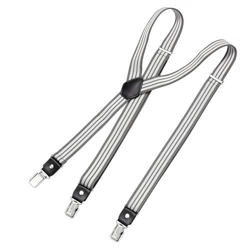 DonDon Hosenträger Herren gestreift grau weiß schmal 2,5 cm - Extra starke Clips für Anzug - Hosenträger Herren extra stark - Ideal für Männer oder Damen Rockabilly Suspenders von DonDon