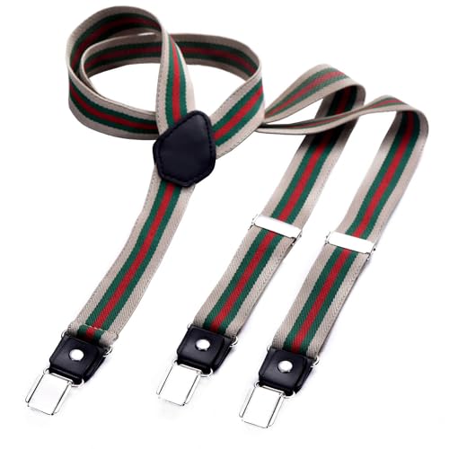 DonDon Hosenträger Herren gestreift beige grün rot schmal 2,5 cm - Extra starke Clips für Anzug - Hosenträger Herren extra stark - Ideal für Männer oder Damen Rockabilly Suspenders von DonDon