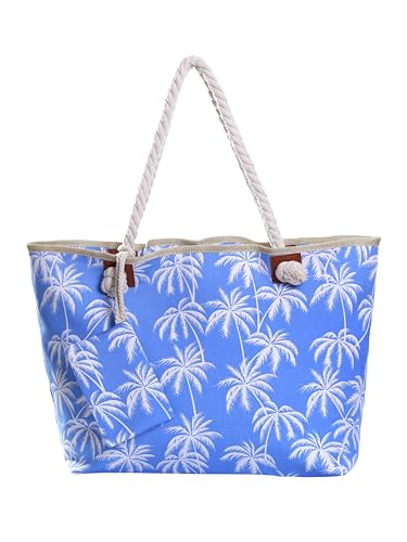 DonDon Strandtasche mit Reißverschluss, Große Strandtasche XXL, Shopper Tasche Damen - Praktische Beach bag Umhängetasche Damen Badetasche für Strand und Meer - gestreift Palmen weiß blau von DonDon