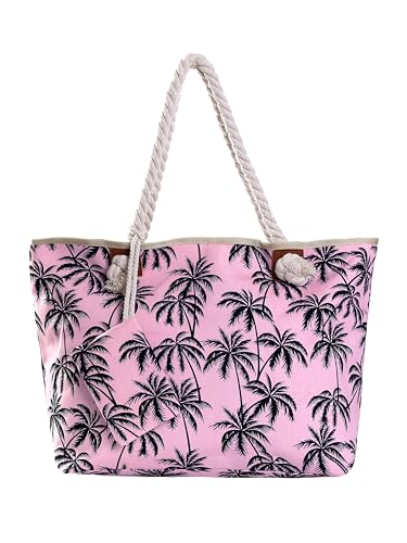 DonDon Strandtasche mit Reißverschluss, Große Strandtasche XXL, Shopper Tasche Damen - Praktische Beach bag Umhängetasche Damen Badetasche für Strand und Meer - Palmen pink von DonDon