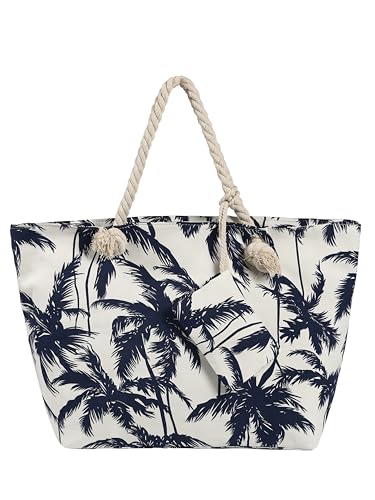 DonDon Strandtasche mit Reißverschluss, Große Strandtasche XXL, Shopper Tasche Damen - Praktische Beach bag Umhängetasche Damen Badetasche für Strand und Meer - Palmen weiß von DonDon