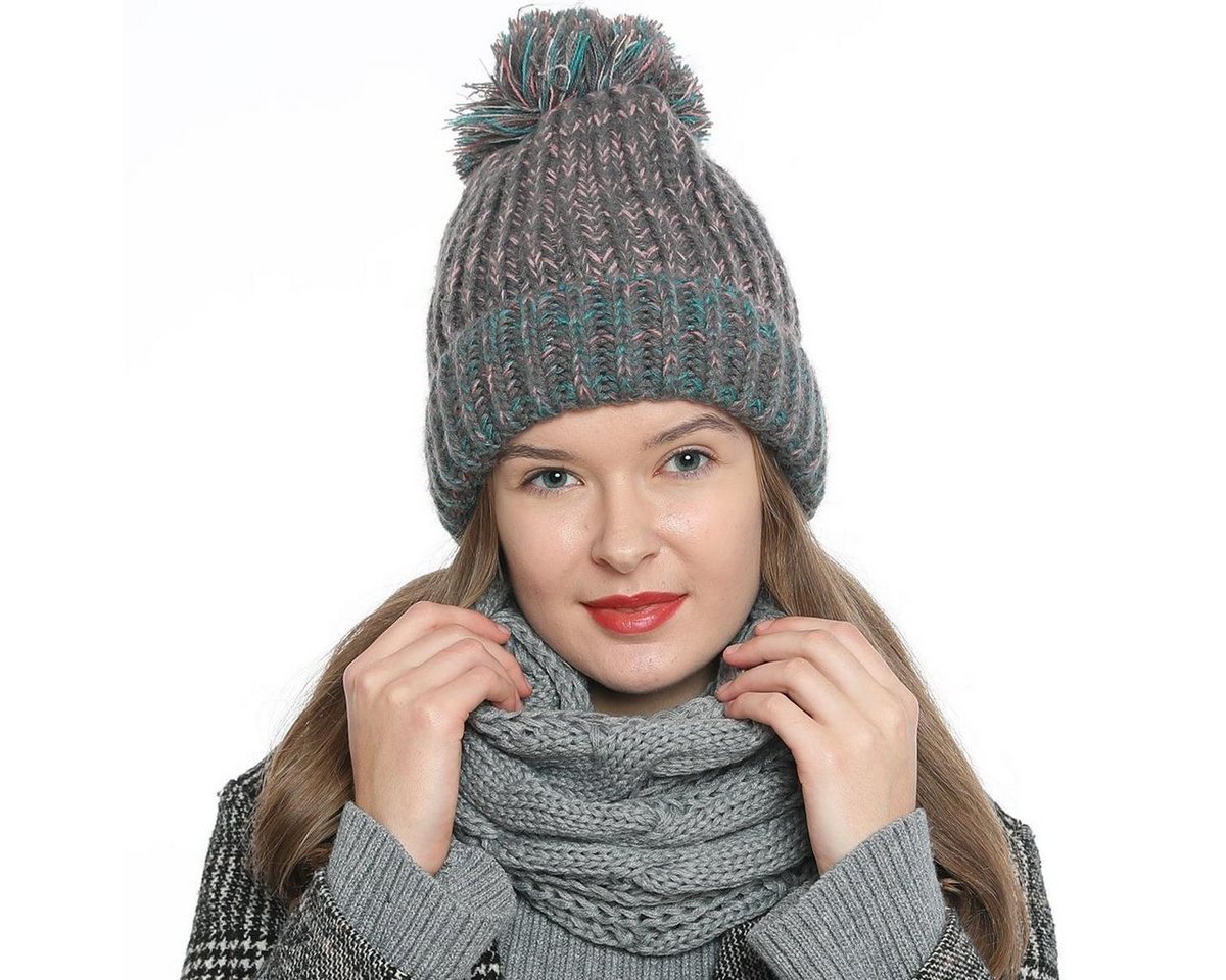 DonDon Beanie Damen Bommelmütze Strickmütze gefüttert warm (Packung, 1-St) Wintermütze, mit Bommel, Grobstrick in tollen Farben von DonDon