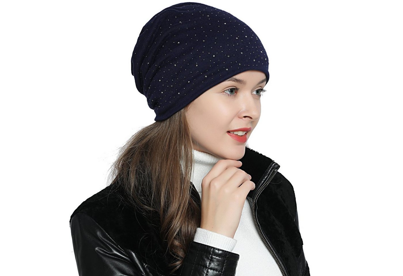 DonDon Beanie Damen Slouch Nieten (Packung, 1-St) Wintermütze, Beanie mit Pailletten und Teddyfleece von DonDon