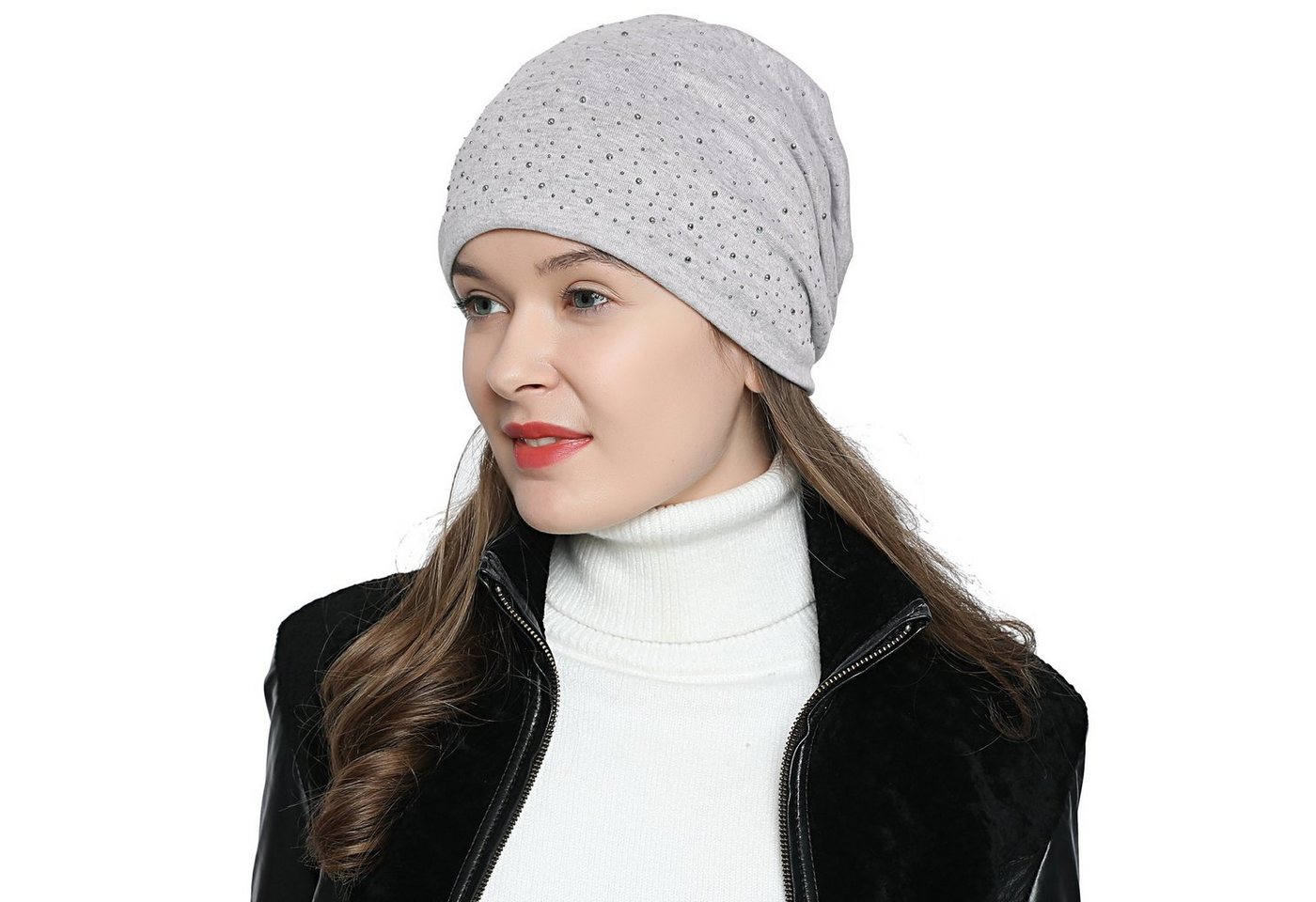 DonDon Beanie Damen Slouch Nieten (Packung, 1-St) Wintermütze, Beanie mit Pailletten und Teddyfleece von DonDon