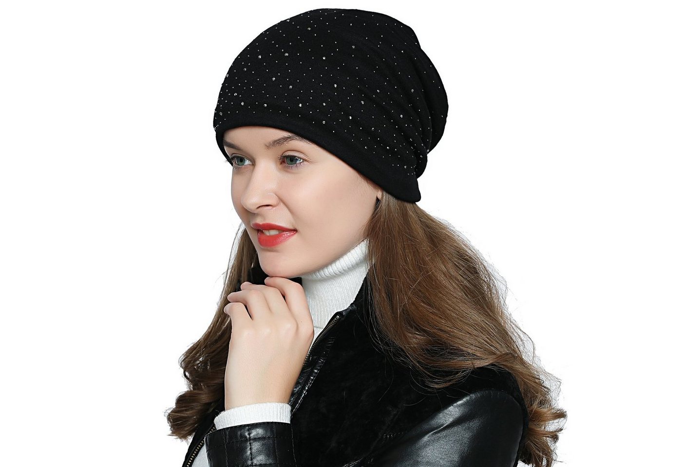DonDon Beanie Damen Slouch Nieten (Packung, 1-St) Wintermütze, Beanie mit Pailletten und Teddyfleece von DonDon