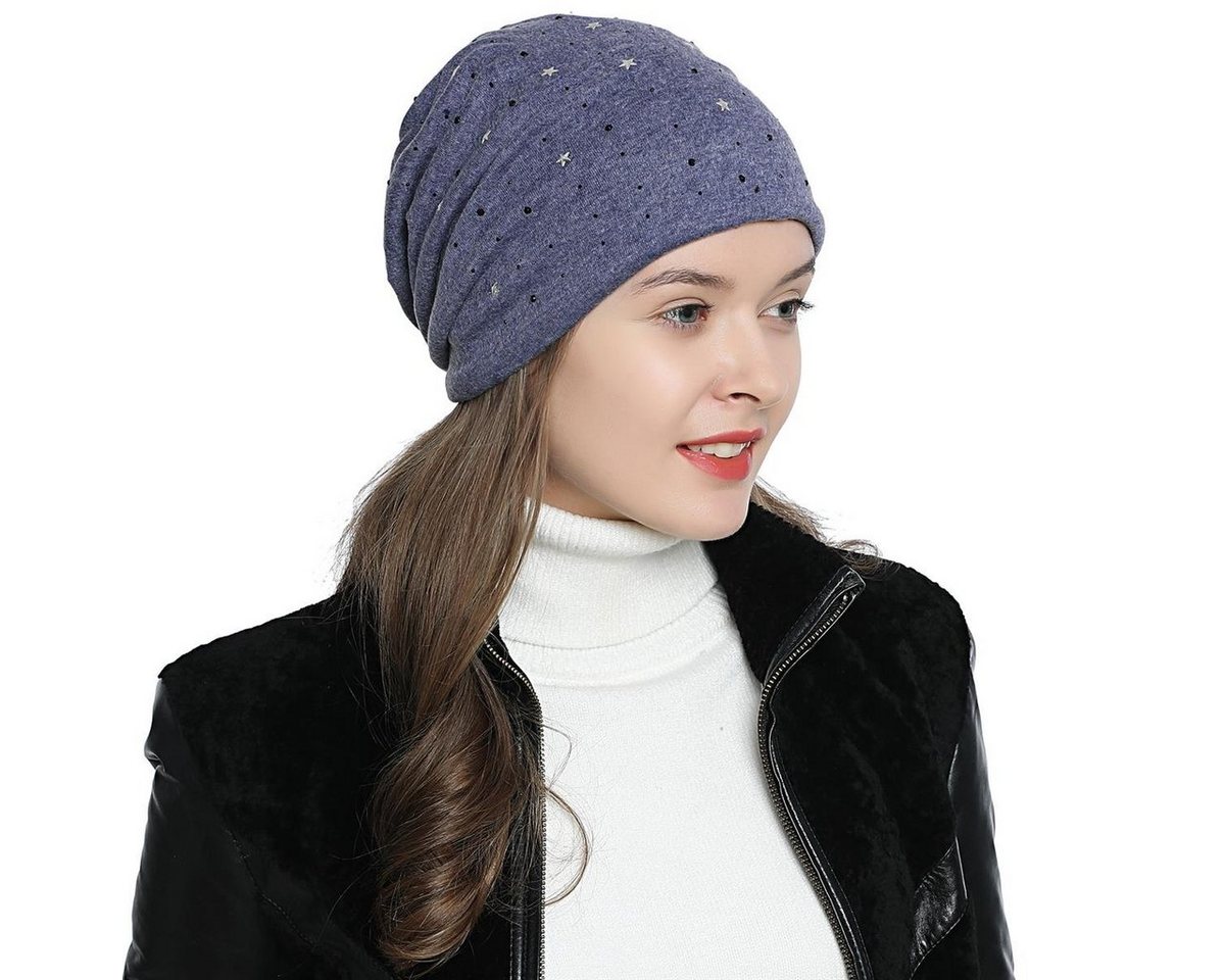 DonDon Beanie Damen Slouch mit Print (Packung, 1-St) Wintermütze, Beanie mit Pailletten-, Strass- oder Sternenprint, Teddyfleece von DonDon