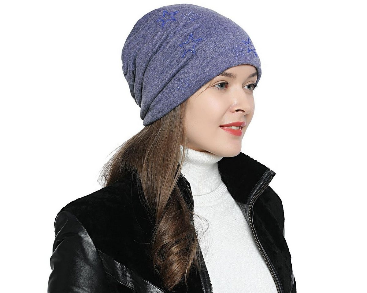 DonDon Beanie Damen Slouch mit Print (Packung, 1-St) Wintermütze, Beanie mit Pailletten-, Strass- oder Sternenprint, Teddyfleece von DonDon