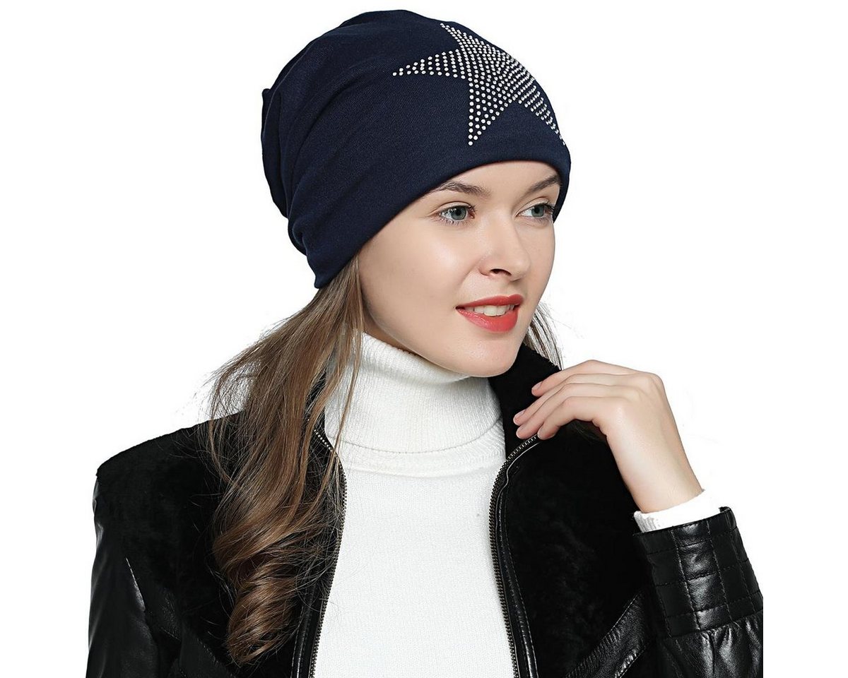 DonDon Beanie Damen Slouch mit Print (Packung, 1-St) Wintermütze, Beanie mit Pailletten-, Strass- oder Sternenprint, Teddyfleece von DonDon