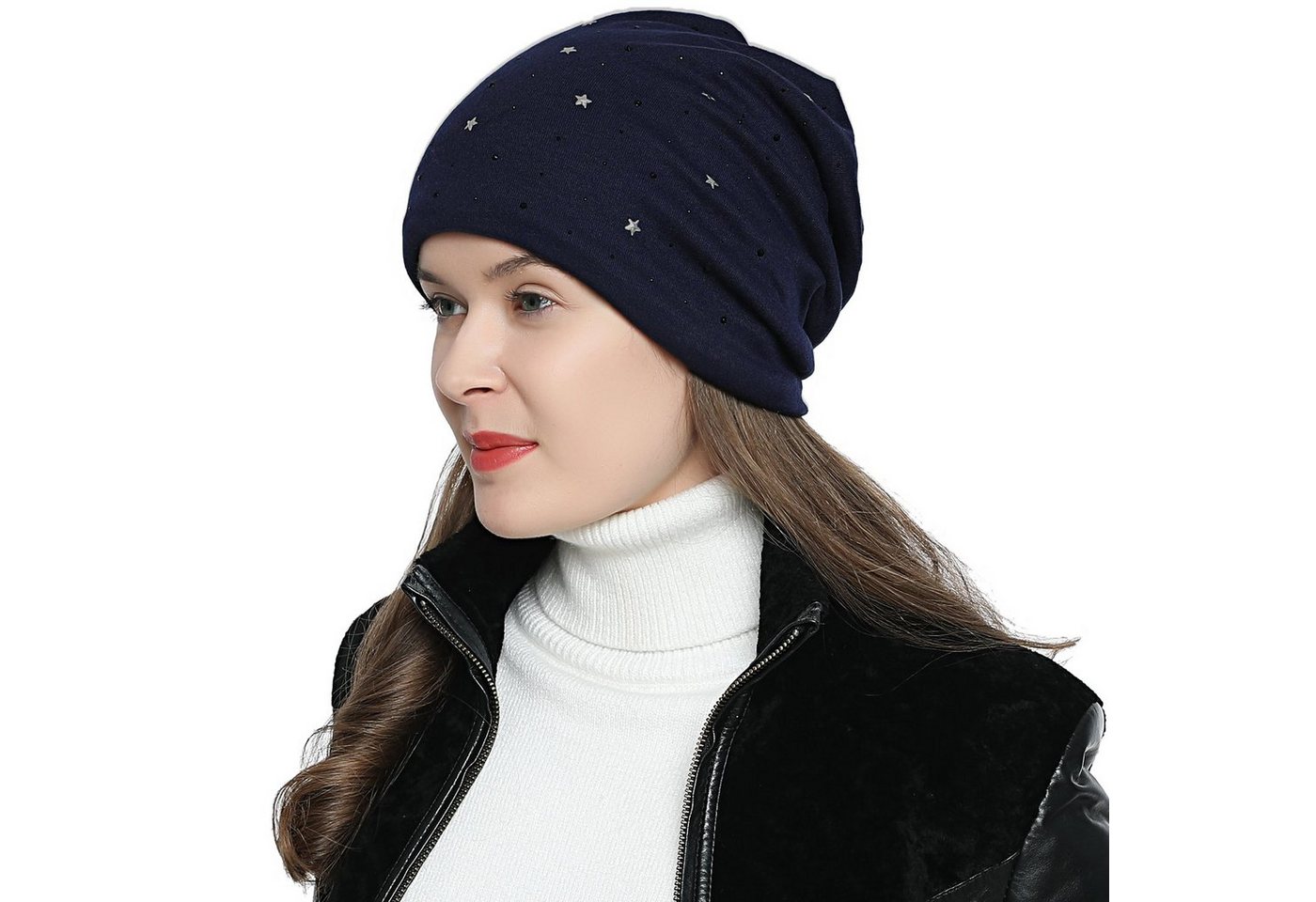 DonDon Beanie Damen Slouch mit Print (Packung, 1-St) Wintermütze, Beanie mit Pailletten-, Strass- oder Sternenprint, Teddyfleece von DonDon