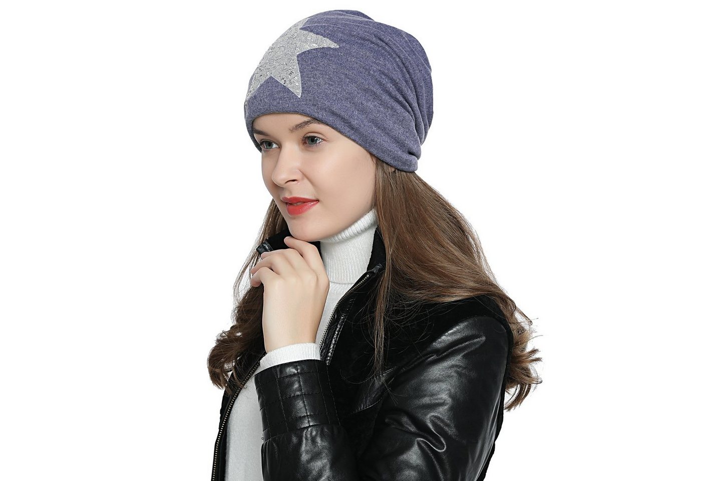 DonDon Beanie Damen Slouch mit Print (Packung, 1-St) Wintermütze, Beanie mit Pailletten-, Strass- oder Sternenprint, Teddyfleece von DonDon