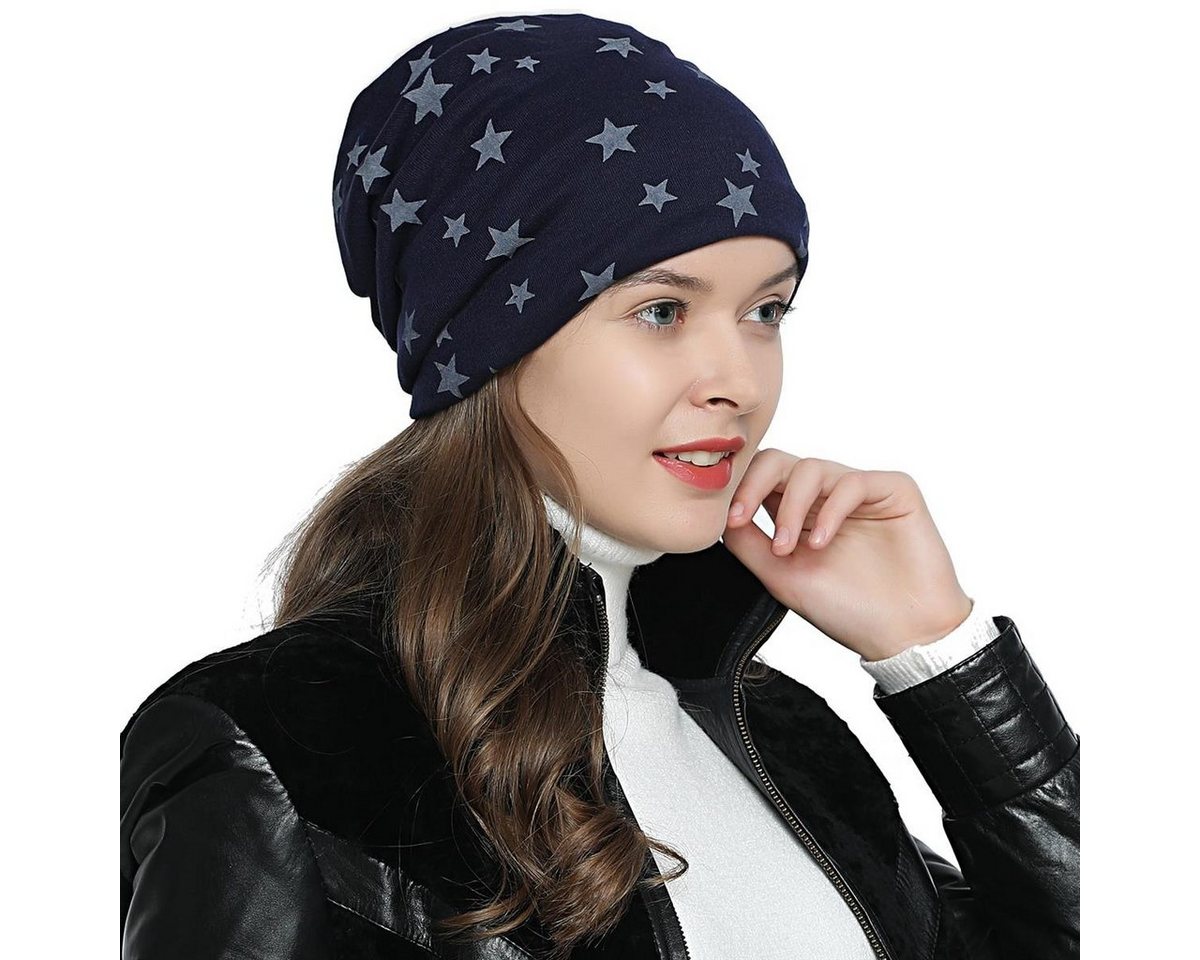 DonDon Beanie Damen Slouch mit Print (Packung, 1-St) Wintermütze, Beanie mit Pailletten-, Strass- oder Sternenprint, Teddyfleece von DonDon