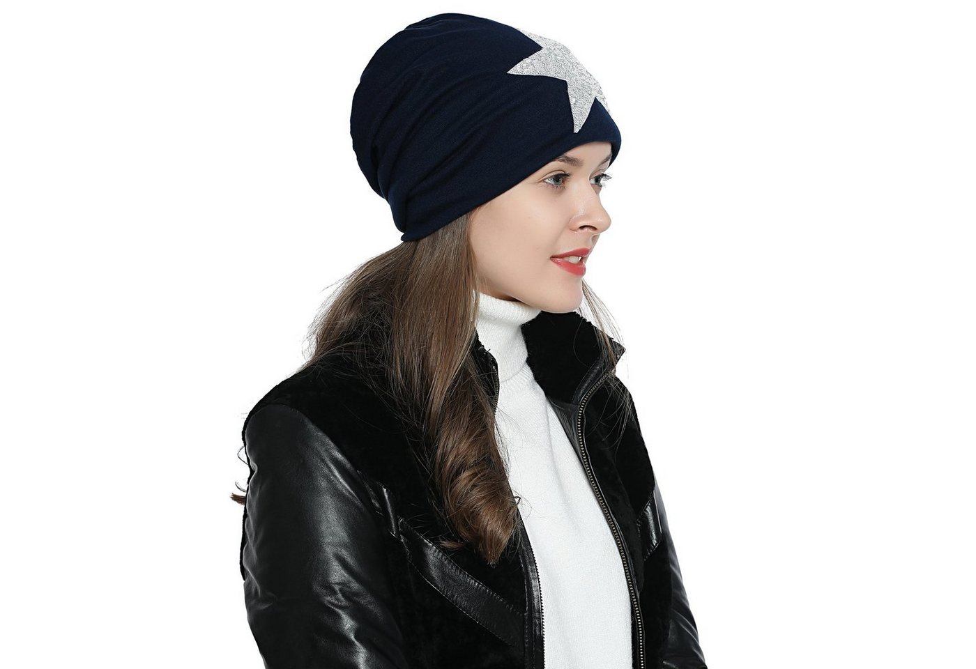 DonDon Beanie Damen Slouch mit Print (Packung, 1-St) Wintermütze, Beanie mit Pailletten-, Strass- oder Sternenprint, Teddyfleece von DonDon