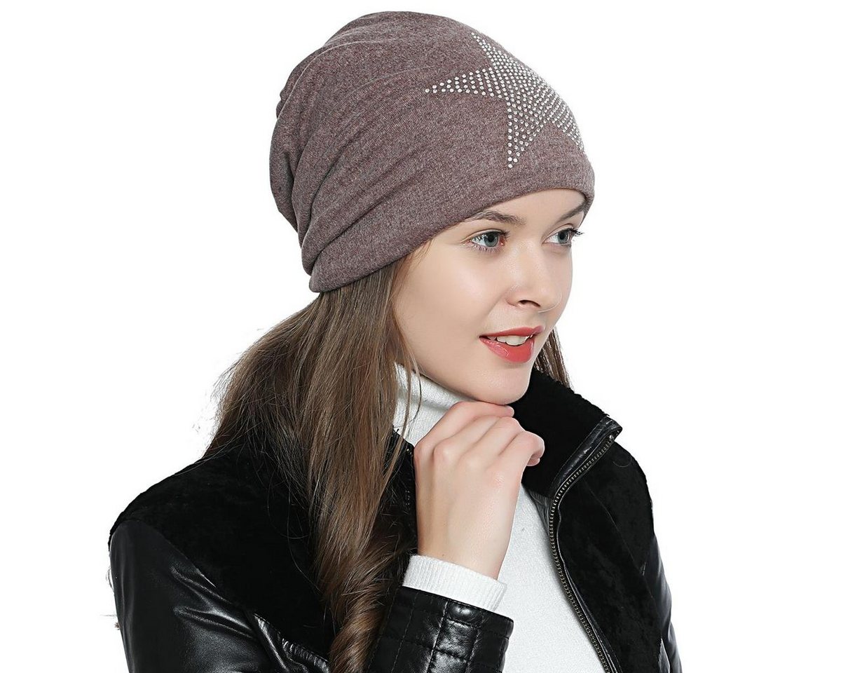 DonDon Beanie Damen Slouch mit Print (Packung, 1-St) Wintermütze, Beanie mit Pailletten-, Strass- oder Sternenprint, Teddyfleece von DonDon