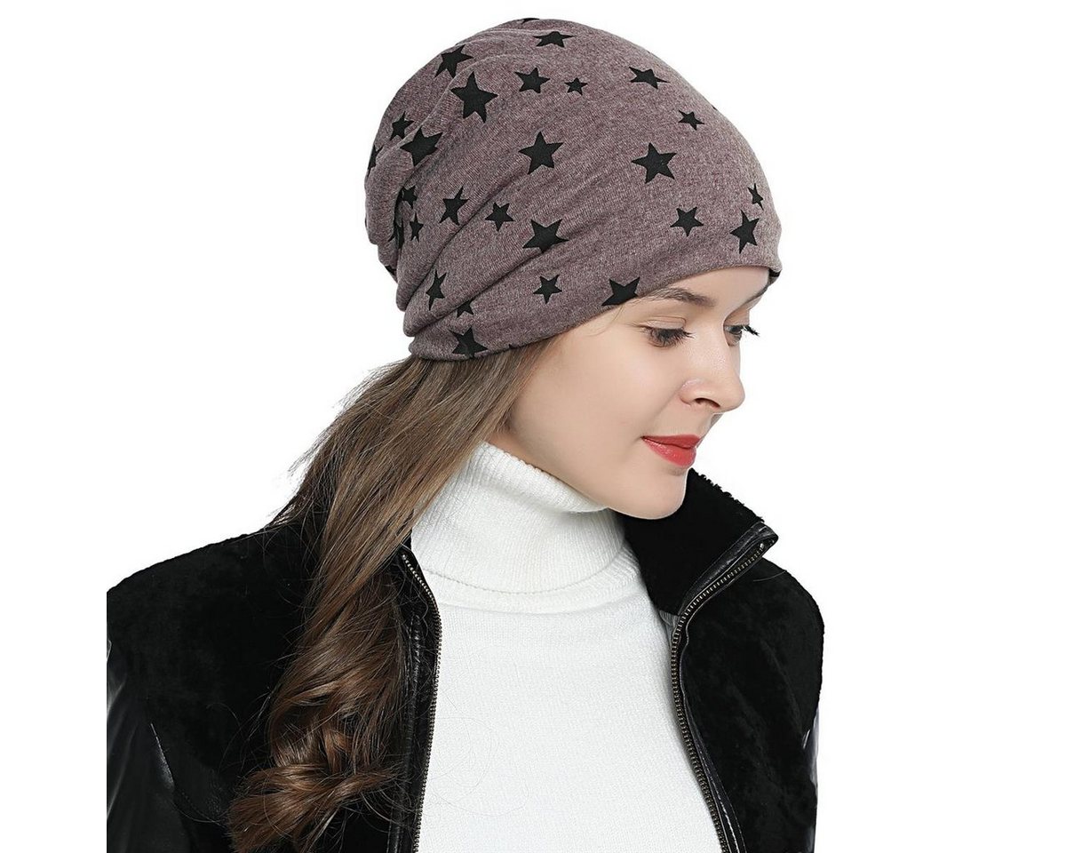 DonDon Beanie Damen Slouch mit Print (Packung, 1-St) Wintermütze, Beanie mit Pailletten-, Strass- oder Sternenprint, Teddyfleece von DonDon