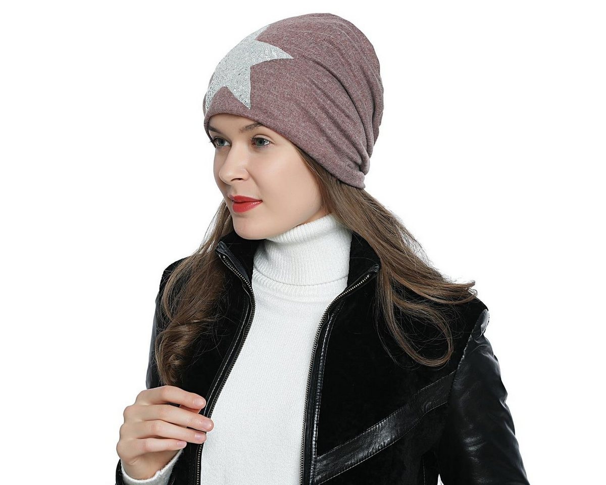 DonDon Beanie Damen Slouch mit Print (Packung, 1-St) Wintermütze, Beanie mit Pailletten-, Strass- oder Sternenprint, Teddyfleece von DonDon