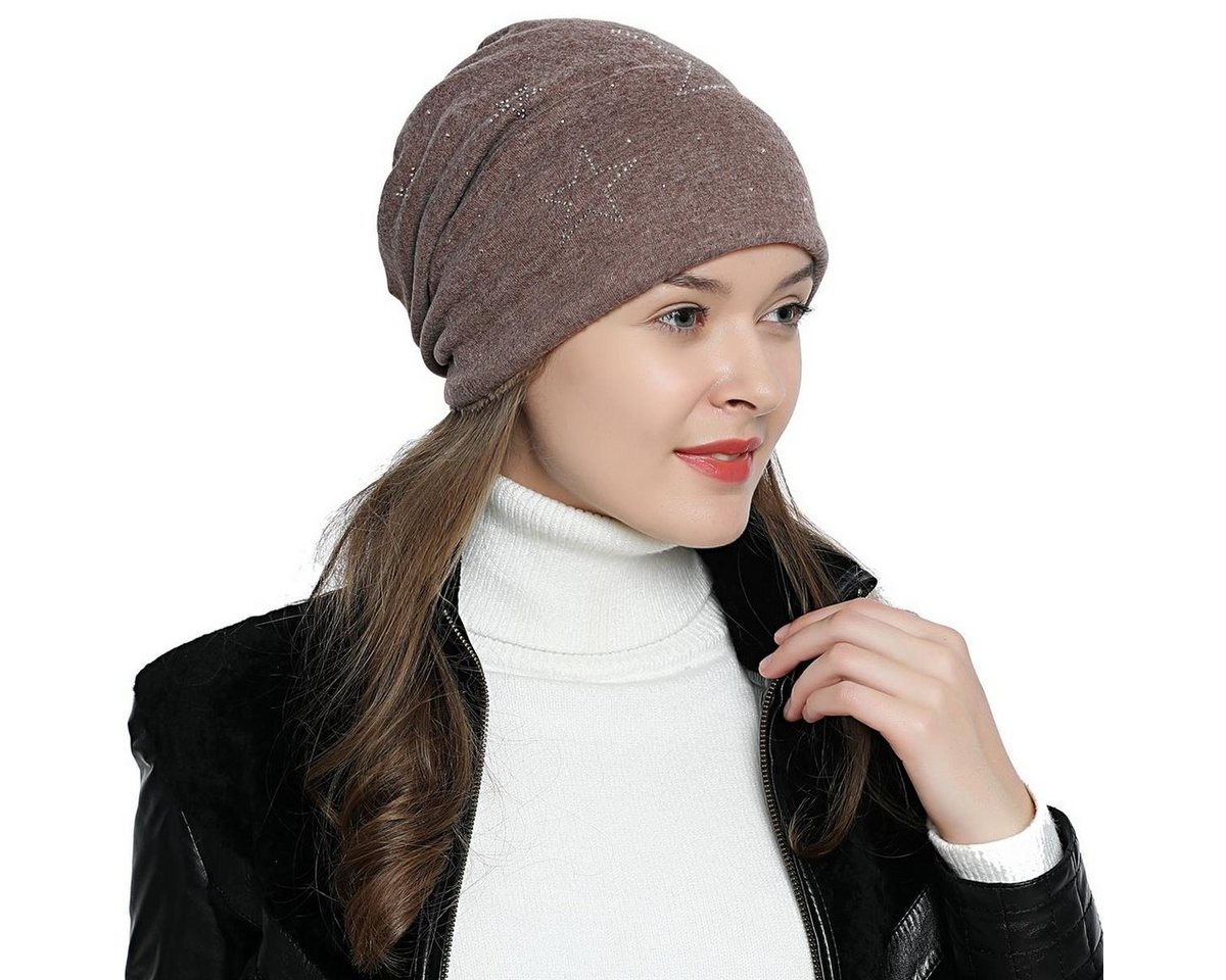 DonDon Beanie Damen Slouch mit Print (Packung, 1-St) Wintermütze, Beanie mit Pailletten-, Strass- oder Sternenprint, Teddyfleece von DonDon