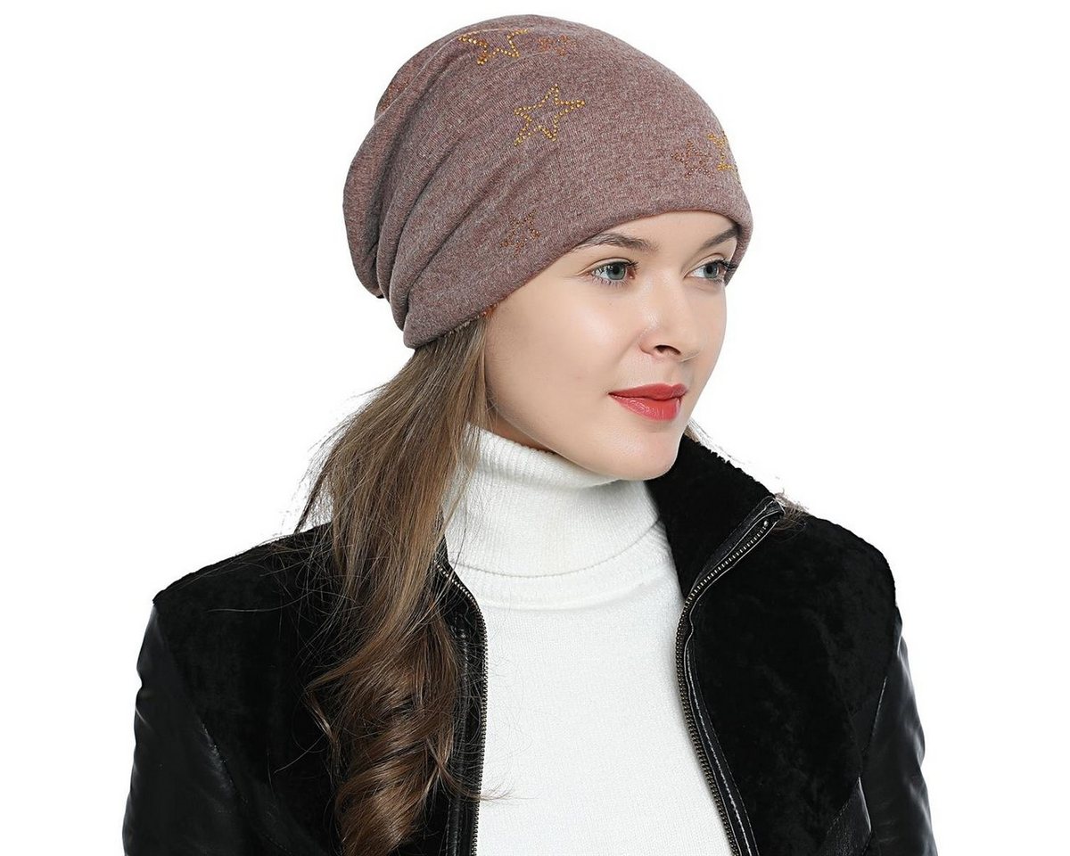 DonDon Beanie Damen Slouch mit Print (Packung, 1-St) Wintermütze, Beanie mit Pailletten-, Strass- oder Sternenprint, Teddyfleece von DonDon