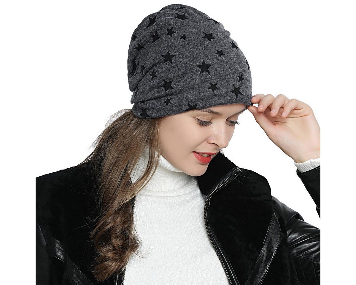 DonDon Beanie Damen Slouch mit Print (Packung, 1-St) Wintermütze, Beanie mit Pailletten-, Strass- oder Sternenprint, Teddyfleece von DonDon