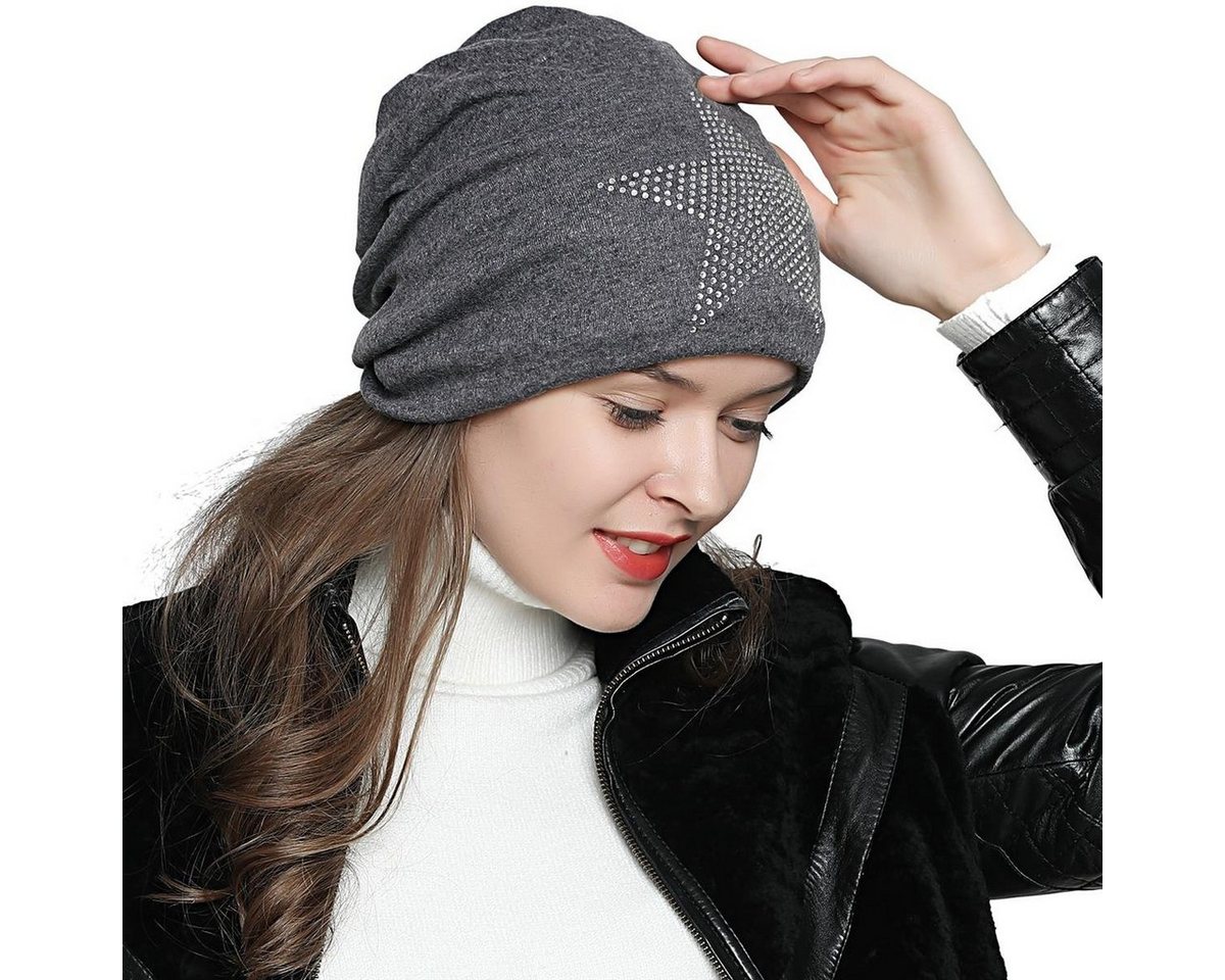 DonDon Beanie Damen Slouch mit Print (Packung, 1-St) Wintermütze, Beanie mit Pailletten-, Strass- oder Sternenprint, Teddyfleece von DonDon