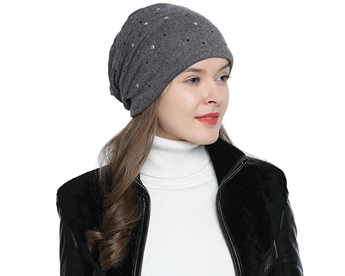 DonDon Beanie Damen Slouch mit Print (Packung, 1-St) Wintermütze, Beanie mit Pailletten-, Strass- oder Sternenprint, Teddyfleece von DonDon