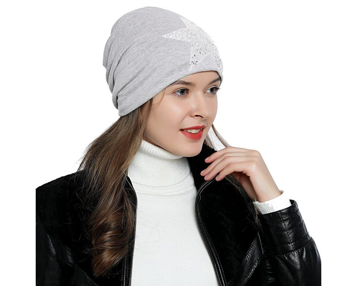 DonDon Beanie Damen Slouch mit Print (Packung, 1-St) Wintermütze, Beanie mit Pailletten-, Strass- oder Sternenprint, Teddyfleece von DonDon