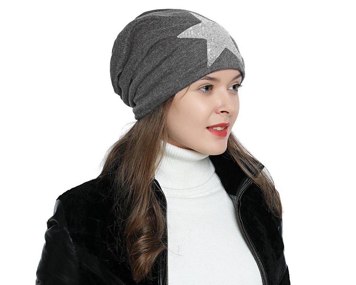 DonDon Beanie Damen Slouch mit Print (Packung, 1-St) Wintermütze, Beanie mit Pailletten-, Strass- oder Sternenprint, Teddyfleece von DonDon