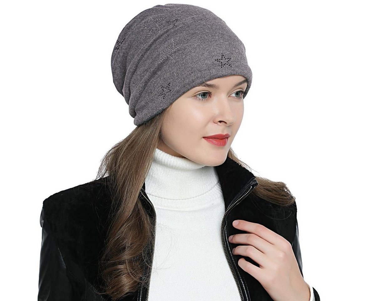 DonDon Beanie Damen Slouch mit Print (Packung, 1-St) Wintermütze, Beanie mit Pailletten-, Strass- oder Sternenprint, Teddyfleece von DonDon