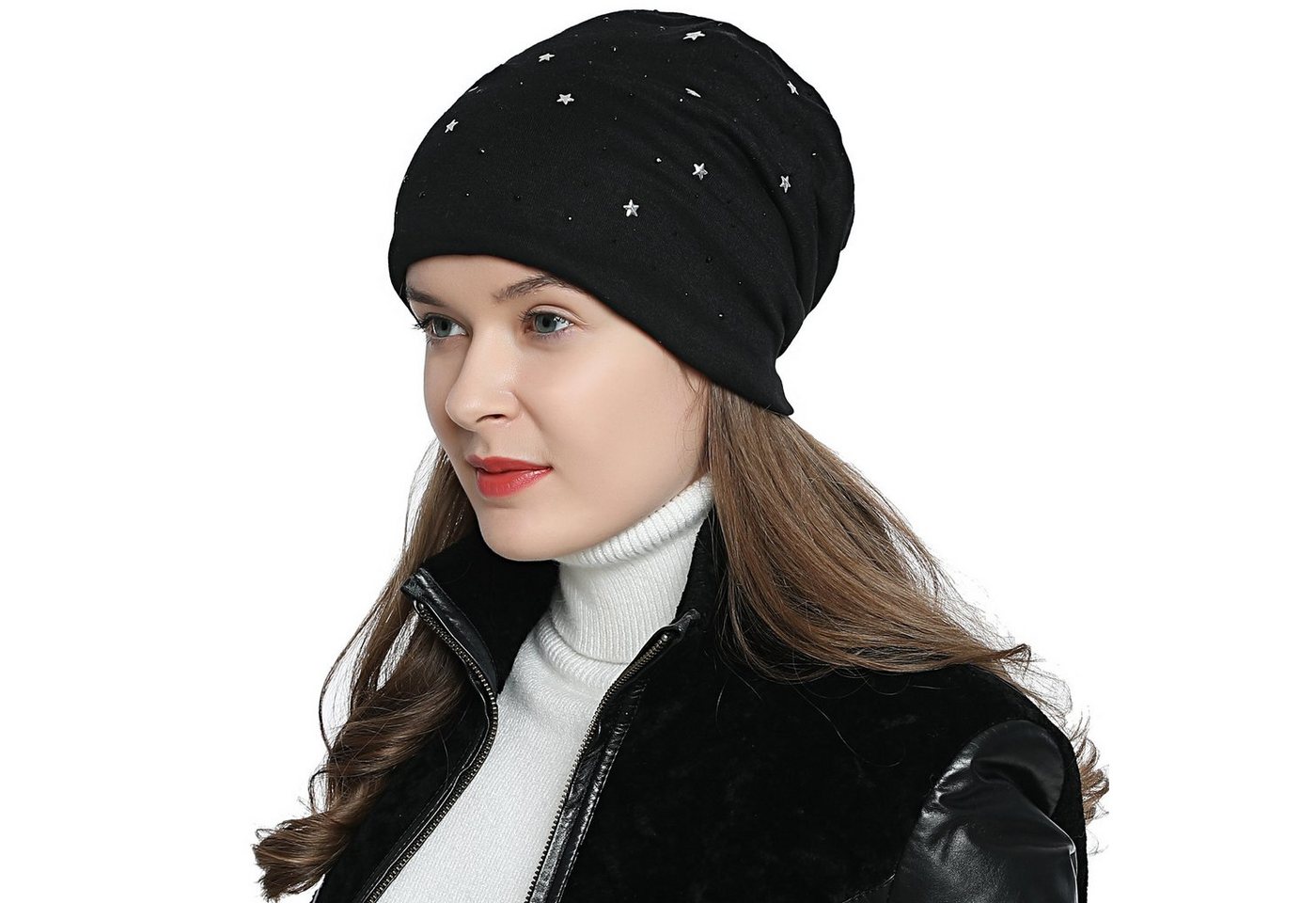 DonDon Beanie Damen Slouch mit Print (Packung, 1-St) Wintermütze, Beanie mit Pailletten-, Strass- oder Sternenprint, Teddyfleece von DonDon