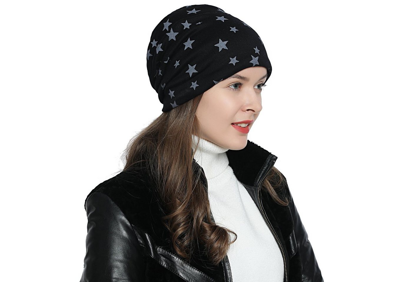 DonDon Beanie Damen Slouch mit Print (Packung, 1-St) Wintermütze, Beanie mit Pailletten-, Strass- oder Sternenprint, Teddyfleece von DonDon