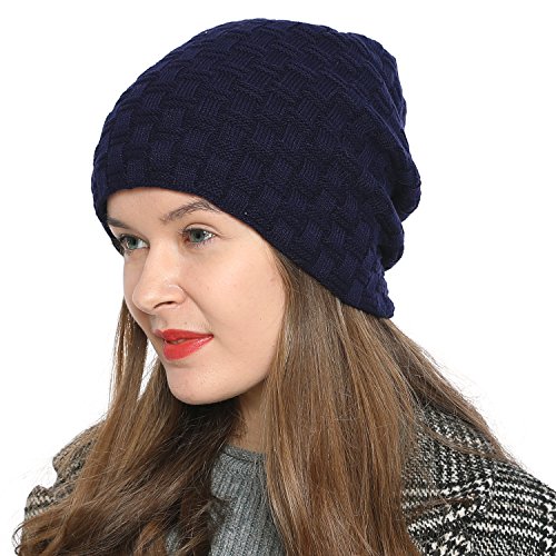 DonDon Mütze Damen Beanie Wintermütze Slouch Strickmütze mit warmen Fleece Innenfutter dunkelblau Navy von DonDon