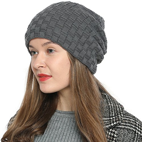 DonDon Mütze Damen Beanie Wintermütze Slouch Strickmütze mit warmen Fleece Innenfutter grau von DonDon