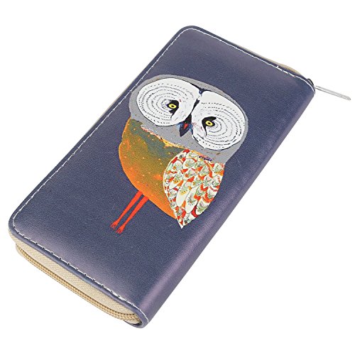 DonDon Geldbörse Damen mit Reißverschluss Portemonnaie Geldbeutel Damen Kinder Mädchen Eule Eulen-Motiv gezeichnet blau grau von DonDon