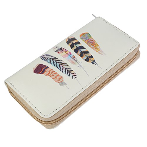 DonDon Geldbörse Damen mit Reißverschluss Portemonnaie Geldbeutel Damen Kinder Mädchen Muster 5 Federn bunt von DonDon