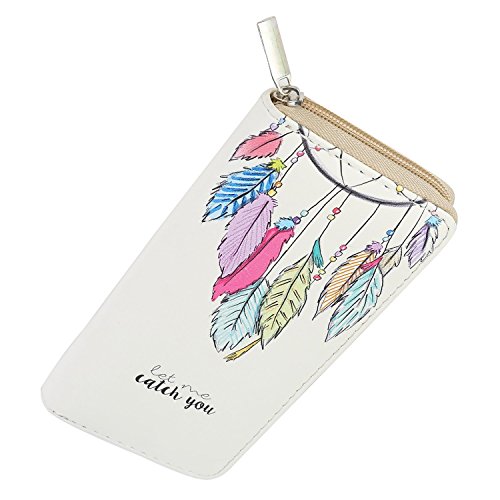 DonDon Geldbörse Damen mit Reißverschluss Portemonnaie Geldbeutel Damen Kinder Mädchen Muster Federn mit Kette beige Pastell von DonDon