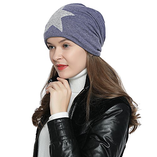 DonDon Mütze Damen Wintermütze Slouch Beanie gefüttert mit silbernen Stern Pailletten blau von DonDon