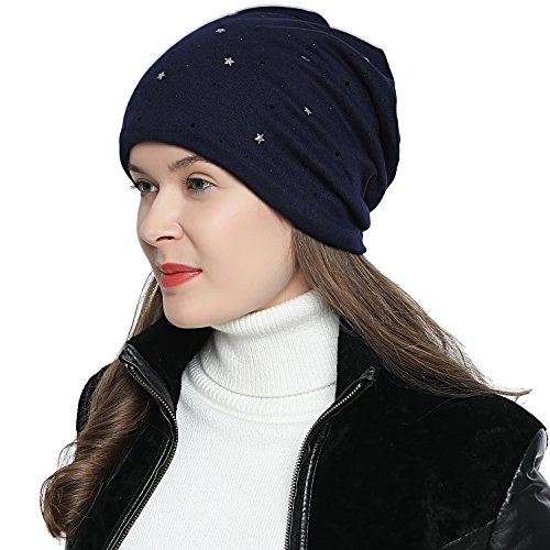 DonDon Mütze Damen Wintermütze Slouch Beanie gefüttert mit schwarzem Strass dunkelblau von DonDon