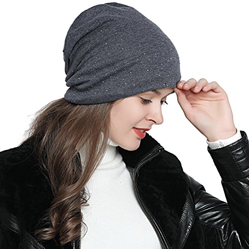 DonDon Damen Mütze Wintermütze Slouch Beanie Silberne Pailletten Nieten grau von DonDon