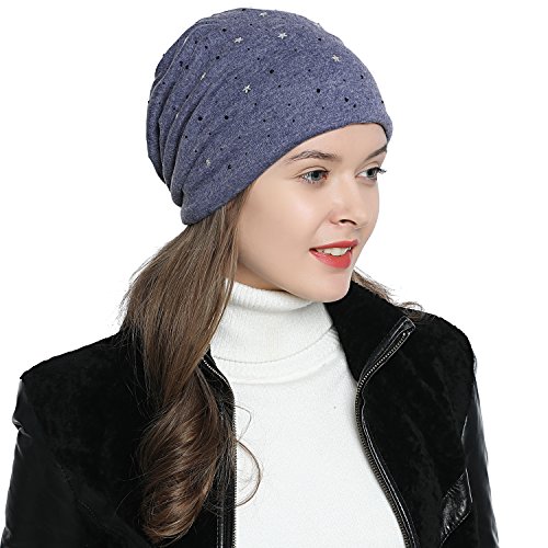 DonDon Mütze Damen Wintermütze Slouch Beanie gefüttert mit schwarzem Strass blau von DonDon