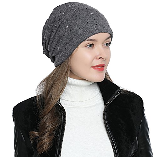 DonDon Mütze Damen Wintermütze Slouch Beanie gefüttert mit schwarzem Strass dunkelgrau von DonDon