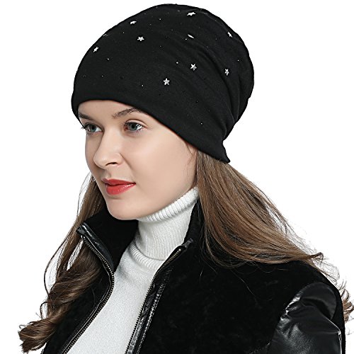 DonDon Mütze Damen Wintermütze Slouch Beanie gefüttert mit schwarzem Strass schwarz von DonDon