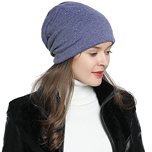 DonDon Damen Mütze Wintermütze Slouch Beanie Silberne Pailletten Nieten blau von DonDon